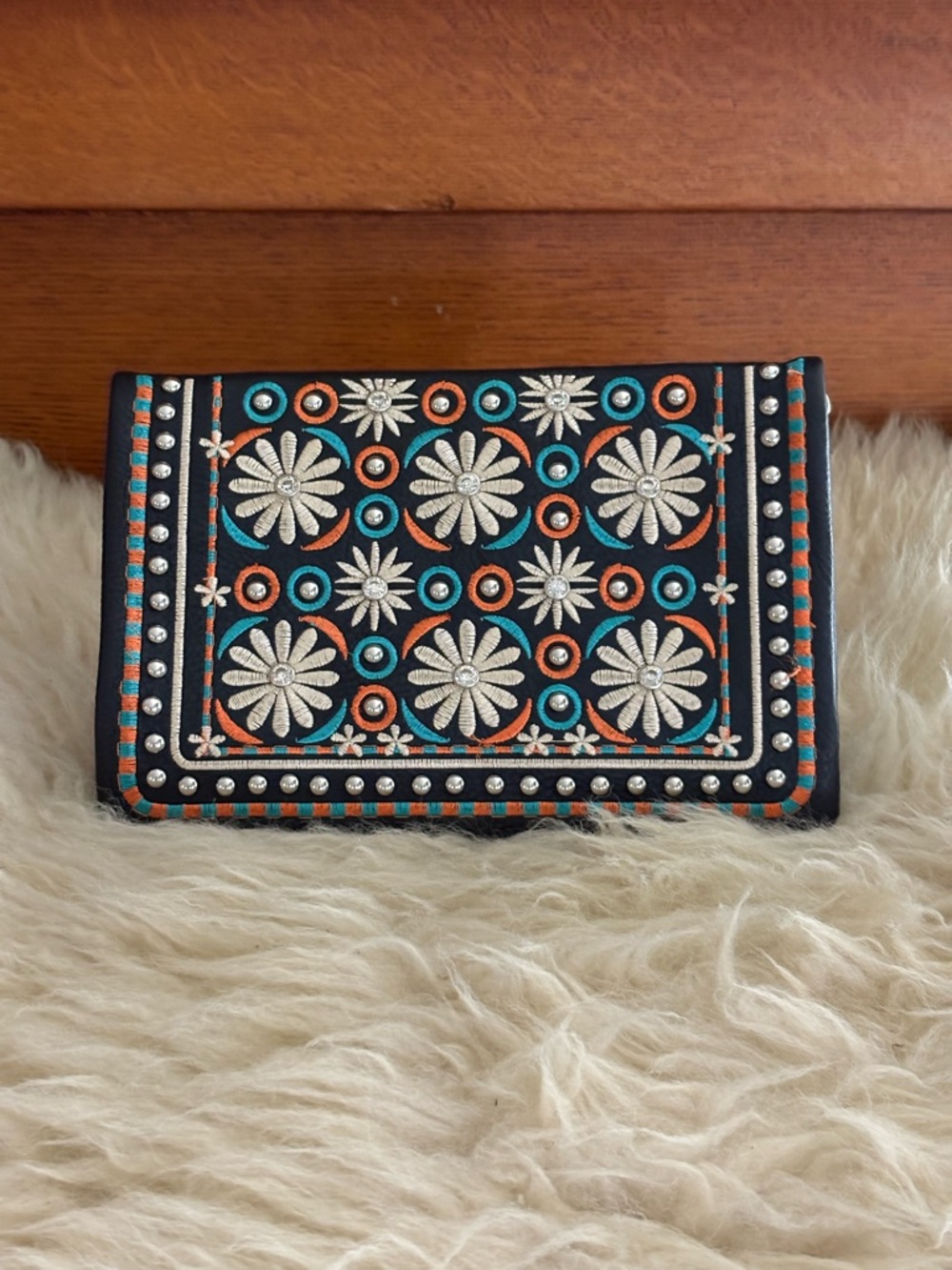 Embroidered Black Leather Foldover Wallet Clutch with Multicolor Accents - Picture 2 of 7
